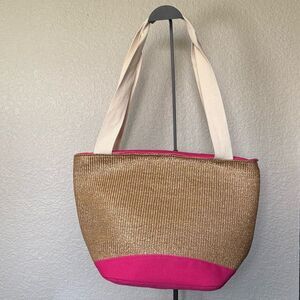 Straw Fabric Tan Pink Tote Bag Beach Picnic